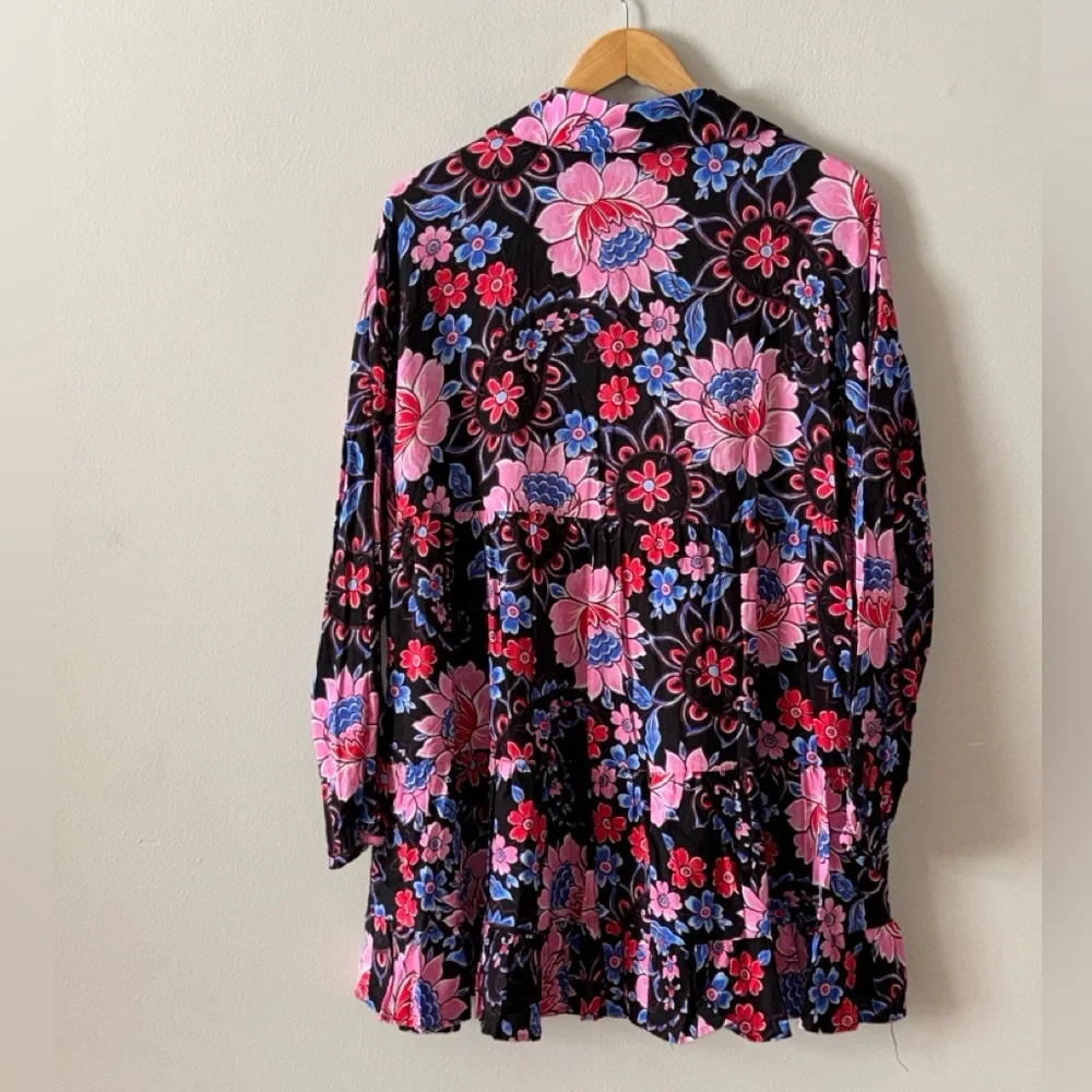 Zara colorful floral long sleeve babydoll button down mini dress, sz L - Picture 7 of 8